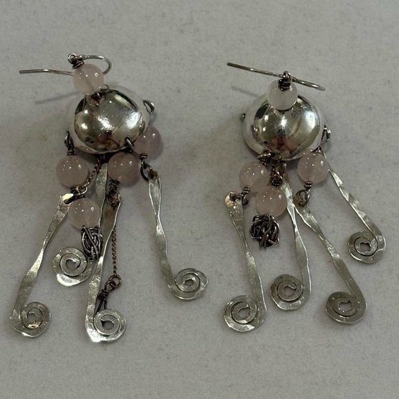 925 Sterling Silver Rose Quartz Jellyfish Dangly Statement Unique Earrings - Picture 3 of 6